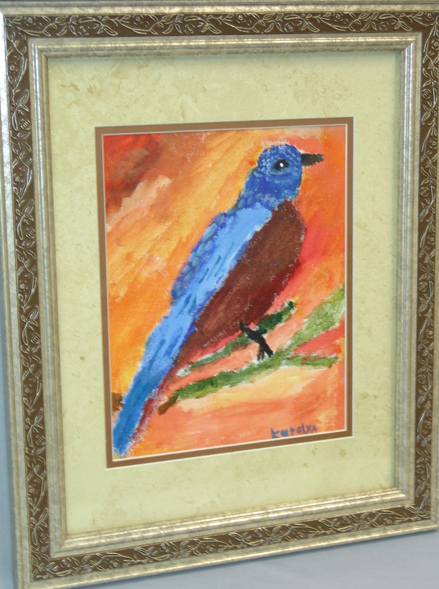 This painting by Katelyn Hooker, named "Bluebird on Branch," was a piece of art work chosen to be showcased in the Air Force Services Arts and Crafts exhibit gallery on the Web. The Web site, www.af-artscrafts.com, is a resource for arts and crafts customers to find information on local base centers as well as tips for creative projects and auto hobby.  (Courtesy photo)