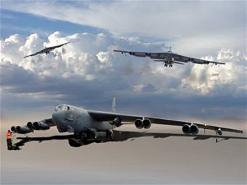 B-52 Crew Launch.  Created by Ken Chandler. This image is 10x7.5 @ 300 ppi. Printable (PDF) files for this image, up to 18x24 inches @ 300 ppi, are avilable to members of the armed forces by contacting art.afnews.af.mil.  This image is copyrighted and is the property of Ken Chandler and is available only to members of the armed forces and military organizations.