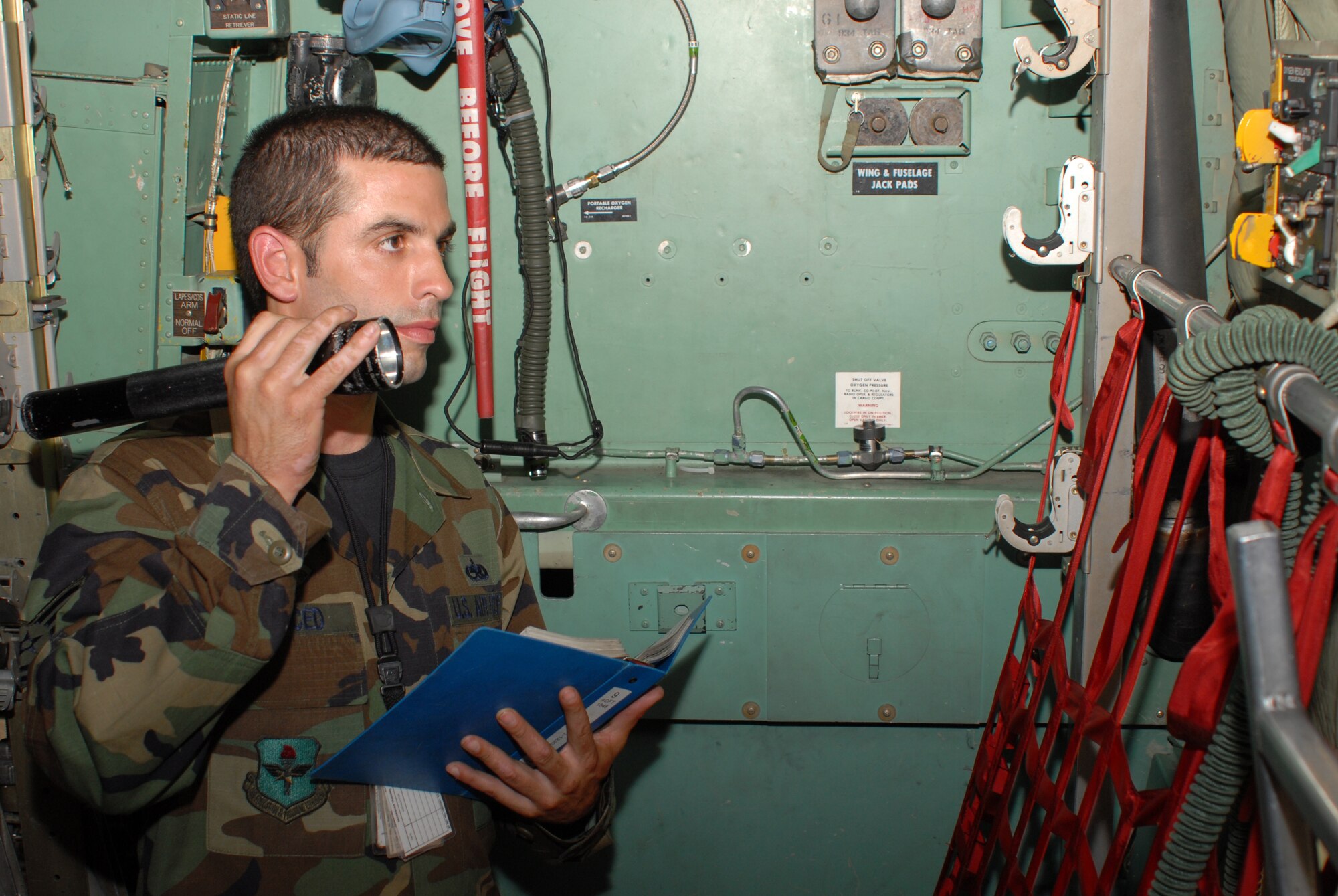 Technical Sgt. Jonathan Merced, 314th Aircraft Maintenance Squadron, performs an operational check on the liquid oxygen shut off valve of a C-130 April 30th. Tech. Sgt.  Merced earned the Innovative Development through Employee Awareness Award, for saving the Air Force thousands of dollars by trouble shooting a oxygen shut off valve for internal leaking prior to replacing the LOX converter. (Photo by Airman 1st Class Christine Clark)