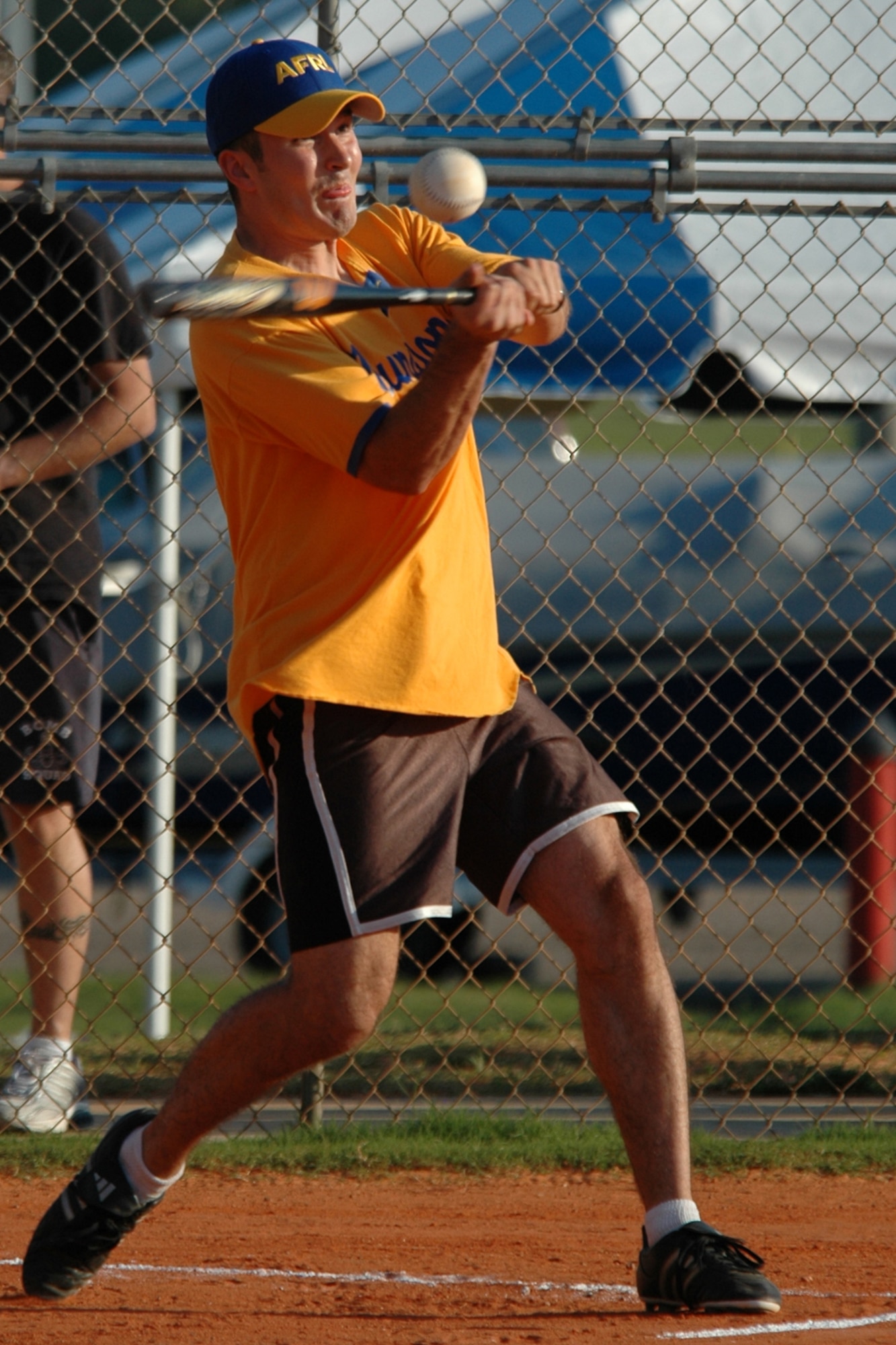 EGLIN AIR FORCE BASE, Fla. -- Ben Hurst, Air Force Research Laboratory third baseman, drives the ball into left field for a two-run triple against the 796th Civil Engineer Squadron in the opening game of the 2007 intramural softball season here April 30. The intramural league consists of 26 teams spread among two leagues. Each team will play 12 games throughout the season to earn a position in the postseason playoffs scheduled for later this summer. (U.S. Air Force photo by Staff Sgt. Mike Meares)