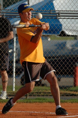EGLIN AIR FORCE BASE, Fla. -- Ben Hurst, Air Force Research Laboratory third baseman, drives the ball into left field for a two-run triple against the 796th Civil Engineer Squadron in the opening game of the 2007 intramural softball season here April 30. The intramural league consists of 26 teams spread among two leagues. Each team will play 12 games throughout the season to earn a position in the postseason playoffs scheduled for later this summer. (U.S. Air Force photo by Staff Sgt. Mike Meares)
