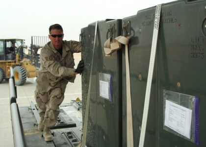 Tech. Sgt. Scott Wilson loads cargo pallets onto a C-130 Hercules from Pope Air Force Base, N.C., April 21 at Al Asad Air Base, Iraq. Since January, 438th Aerial Port Flight Airmen have processed more than 32,000 passengers, 15,528 tons of cargo and more than 2,600 aircraft, keeping nearly 12,000 American servicemembers off the roads in convoys. (U.S. Air Force photo/Capt. Ken Hall)