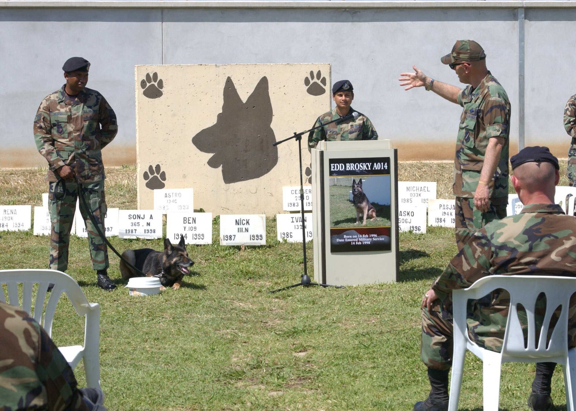 Col. "Tip" Stinnette, 39th Air Base Wing commander speaks at Brosky A014 Retirement Ceremony on April 27. Brosky has been part of Team Incirlik for the past nine years as a   patrol/explosive detection military working dog.  (U.S. Air Force photo by Airman 1st Class Tiffany Colburn)                              