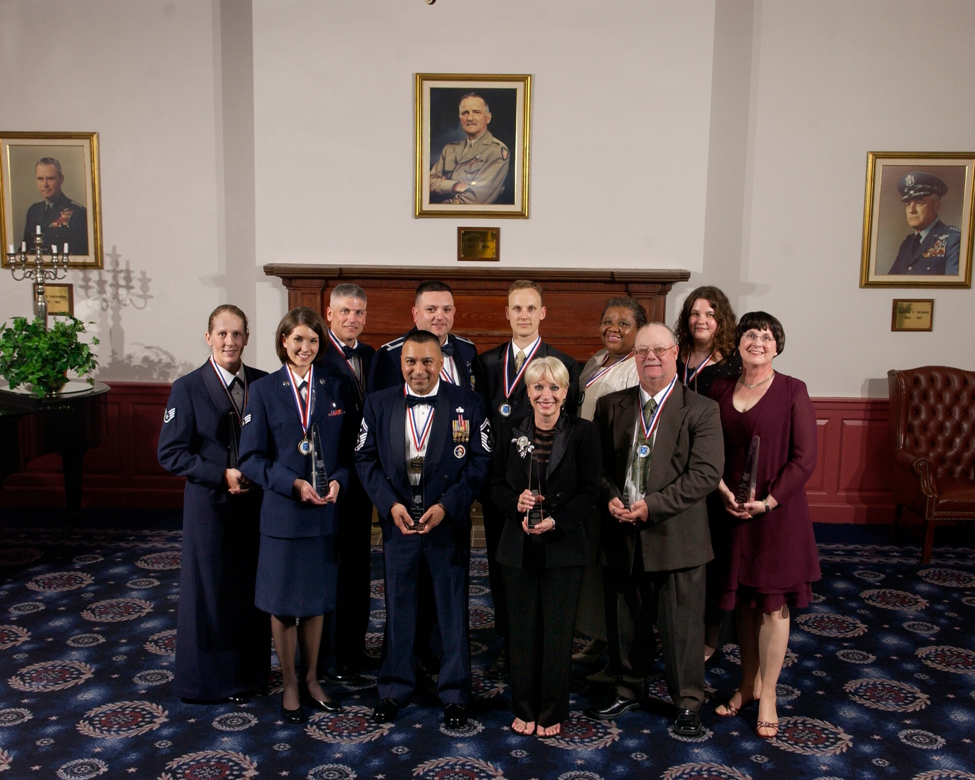 L to R, front:  SSgt Leah Francisco, NCO of Yr; SrA Victoria Herron, Amn of Yr; SMSgt Ish Mohammed, 1st Sgt of Yr; Elaine Rogers, AFDW Community Partner of the Year, 2006; Mr Michael Zdobysz; Civ Vol of Yr; Ms Catherine Fairlie (standing in for SMSgt Robert Rodewald, SNCO of the Yr who is deployed)

 

L to R, Back:  MSgt Brian Woodbury, Mil Vol of Yr; 1 Lt Thomas Eckel, CGO of Yr; Mr Wesley Beemer, Civ of the Yr Cat II; Ms Wanda Griggs, Civ of the Yr Cat I; Ms Patricia Gray, Civ of the Yr Cat III

