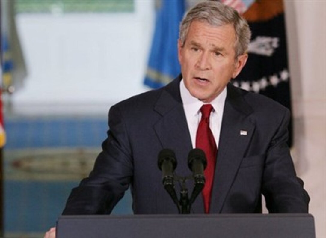 President George W. Bush issues a statement  from the White House,  May 1, 2007, regarding his veto of the Iraq War Supplemental.