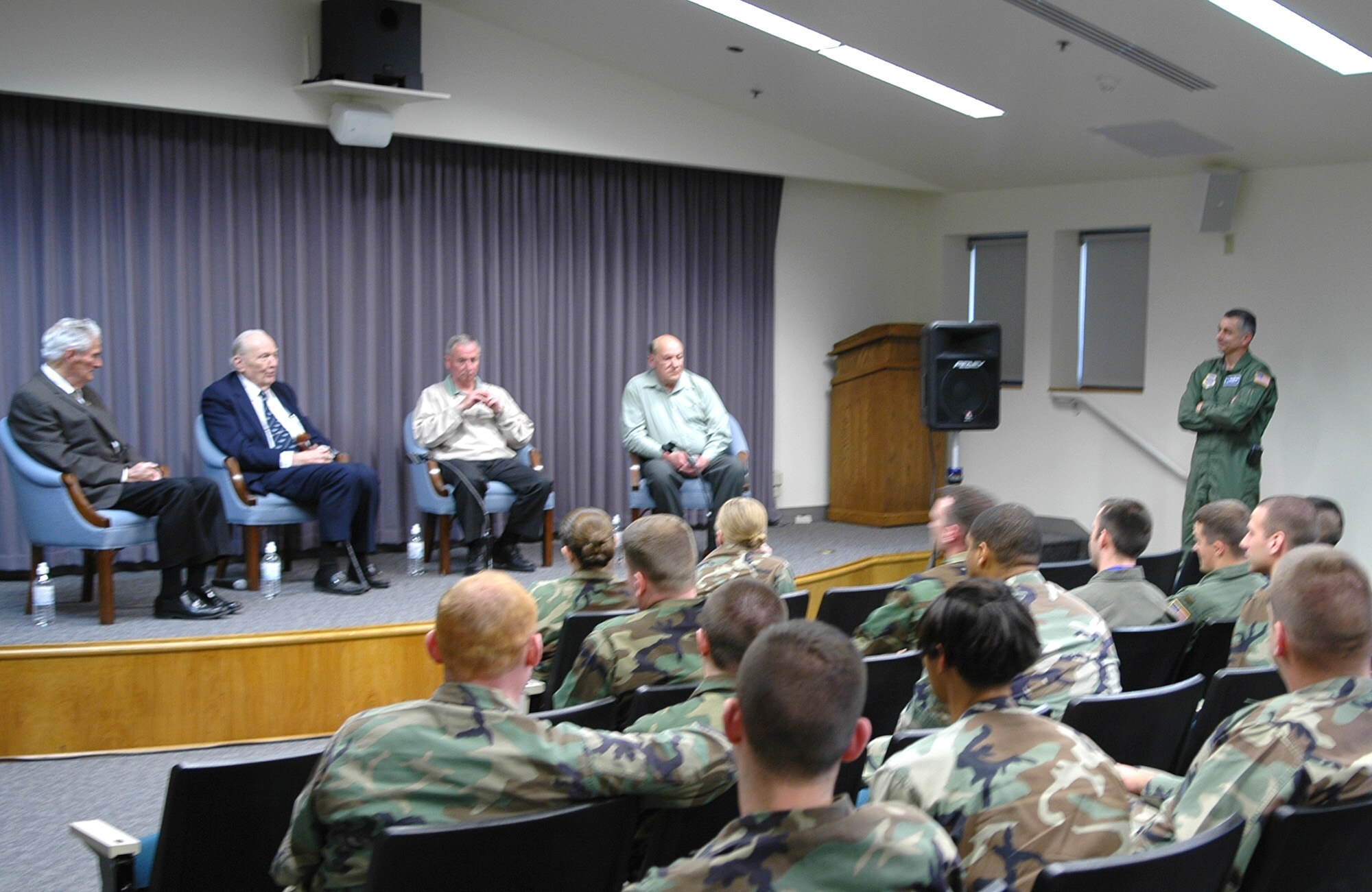 FAIRCHILD AIR FORCE BASE, Wash. – Col. Roger Watkins, 92nd Air Refueling Wing vice commander, thanks a group of retirees who were once stationed here after they shared past Air Force experiences with a group of company grade officers in the Expeditionary Airmen’s Center of Excellence on Friday. The retirees (from left to right), Col. Frank Potter, Maj. Edward Majeski, Chief Master Sgt. Tom Pauley and Chief Master Sgt. Duane Wolfe, were able to participate as speakers in the 60th Anniversary Speakers Symposium April 27 here.