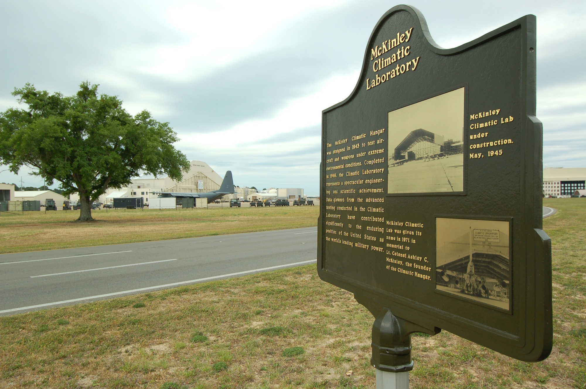 EGLIN AIR FORCE BASE, Fla. -- The McKinley Climatic Lab, along with its associated buildings seen here in the background, is listed on the National Register of Historic Places. Built in 1948, it was designed to allow engineers the ability to test aircraft and weapons under extreme environmental conditions within its chambers. (Photo by Jerron Barnett)
