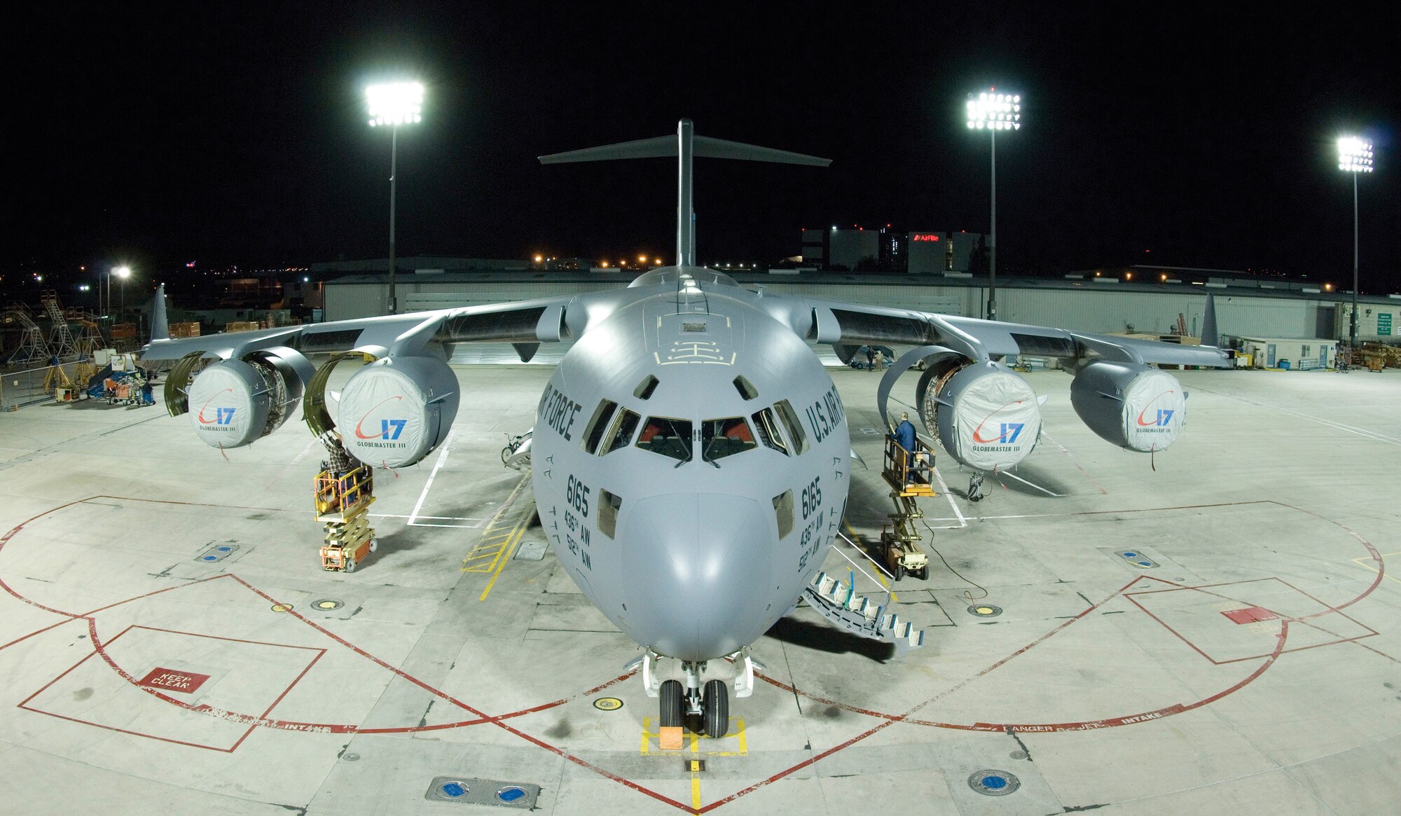 DOVER AIR FORCE BASE, Del. -- Dover Air Force Base's first C-17 Globemaster III, scheduled to arrive here June 4, rolled out of the paint hangar in Long Beach, Calif., April 18 with its new Dover tail flash. It's now being prepared for its first flight in early May. The C-17 is the first of 13 aircraft the base is scheduled to receive over the course of two years. The base will keep 18 of its original 36 C-5s.  The wing's 326th Airlift Squadron will take on the C-17 mission. Their sister squadron, the 709th Airlift Squadron, will continue to fly the C-5. (Submitted photo)