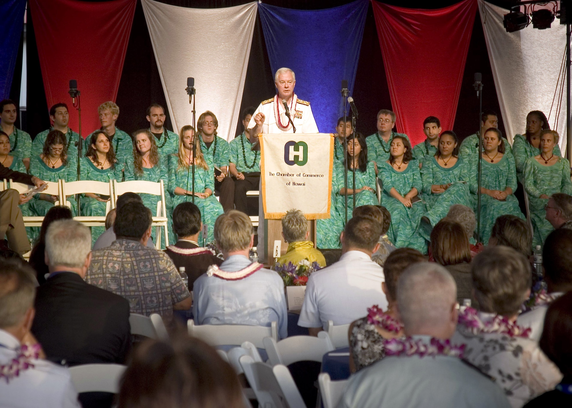Navy Adm. Timothy J. Keating speaks at the Hawaii Military Appreciation Month kickoff at the Pacific Aviation Museum on Ford Island May 2 at Pearl Harbor, Hawaii. Admiral Keating is the commander of U.S. Pacific Command. (U.S. Air Force photo) 
