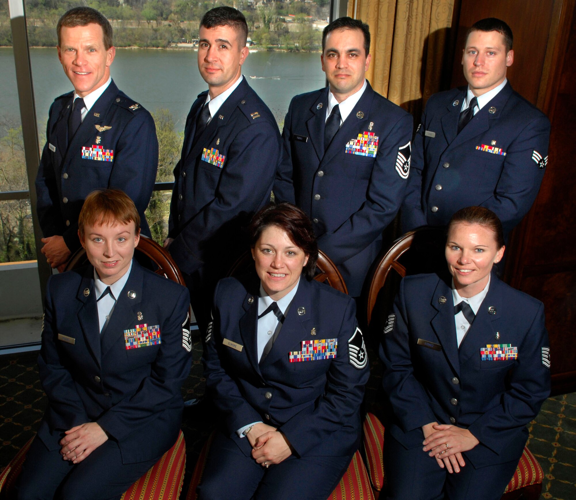 The members of the Air Force Association 2007 Team of the Year pose for a photo during their five-day visit to Washington , D.C. The expeditionary medics chosen for the annual AFA award are, in the front row from left, Master Sgt. Michelle Rootes, Master Sgt. Faith Elmore and Tech. Sgt. Crystal Gomez, and in the back row are Col. (Dr.) Jay Johannigman, Capt. Shaun Westphal, Master Sgt. Kory Rivera and Senior Airman Robert Zuniga II. (U.S. Air Force photo by Tech. Sgt. Cohen A. Young)