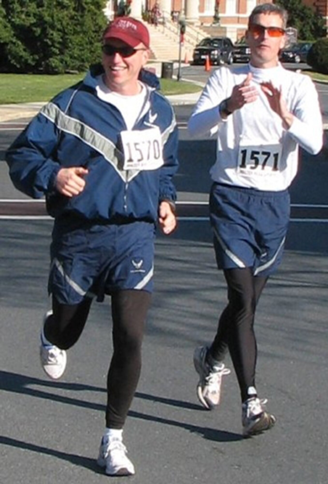 Capt. Robert A. Firman, left, and Lt. Col. Jim Casey complete a 5K run together at Walter Reed Army Medical Center Dec. 21, 2006.  (Photo by Kitty Firman)