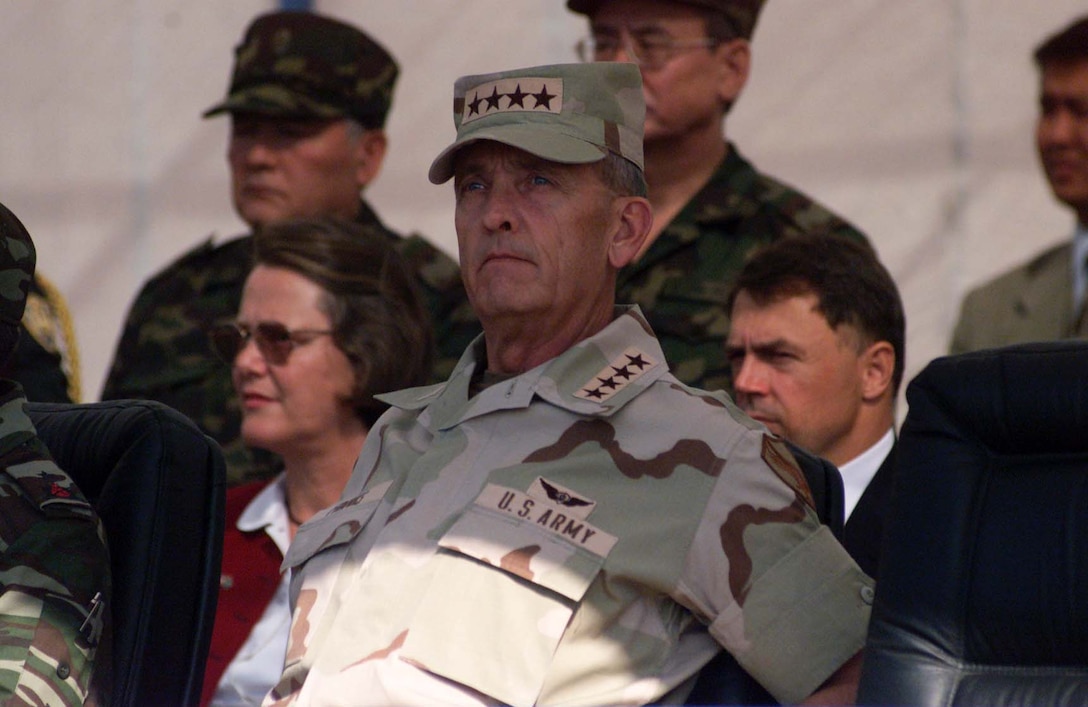 Army Gen. Tommy Franks observes the opening ceremonies of CENTRASBAT 2000 in Kazakhstan in September 2000. Franks, the commander of U.S. Central Command, said during recent testimony that while the Persian Gulf is critical to the United States, there is much more to his command. SSgt. Jeremy Lock, USAF