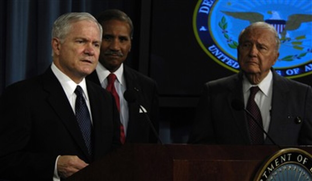 Defense  Secretary Robert M. Gates conducts a press conference with former Secretary of the Army and Veterans Affairs Togo West, center, and former Secretary of the Army John Marsh, at the Pentagon, May 2, 2007.  West and Marsh discussed the findings of the Independent Review Group on patient care at Walter Reed Army Medical Center and Bethesda hospital.  