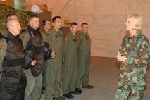 MINOT AIR FORCE BASE, N.D. -- Brig. Gen. Mary Kay Hertog, Air Force Security Forces director, addresses Airmen from the 91st Space Wing Tactical Response Force flight here May 2. As security-forces director, she provides policy and oversight for protecting Air Force installations from terrorism, criminal acts, sabotage and acts of war, and she ensures security forces are trained, equipped and ready to support contingency and exercise plans. The general visited here from April 30 to May 3. (U.S. Air Force photo By Senior Airman Christopher Boitz)
