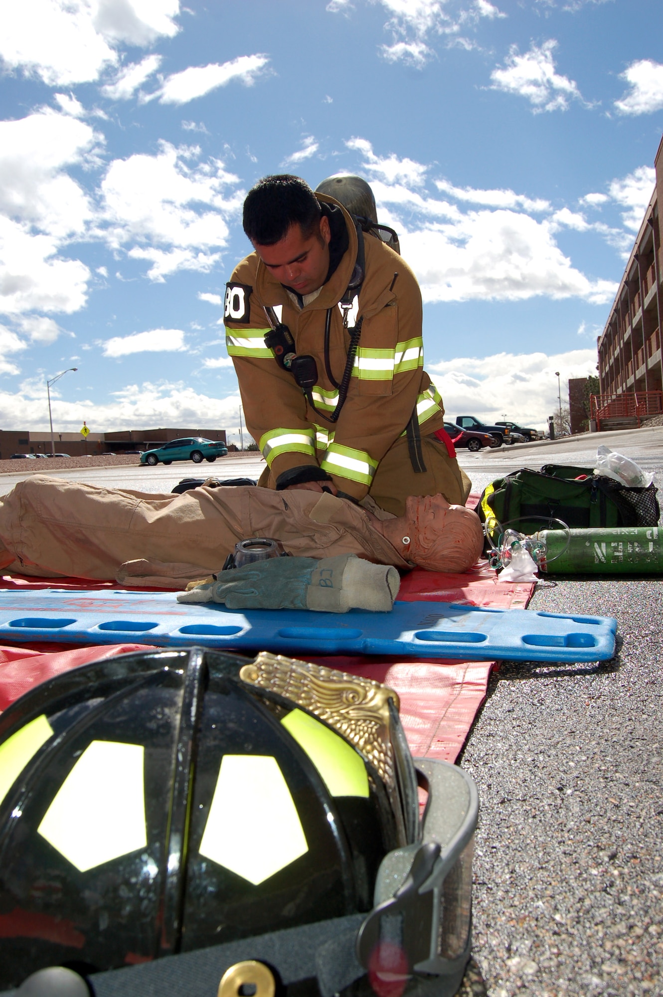 Staff Sgt. Timmi Bjorsevik performs CPR on a simulated patient during a firefighting exercise April 10 at Peterson Air Force Base, Colo. The training is essential to keeping the firefighters sharp and ready to perform their duties at a moment's notice. (U.S. Air Force photo/Staff Sgt. Jeremy Larlee)