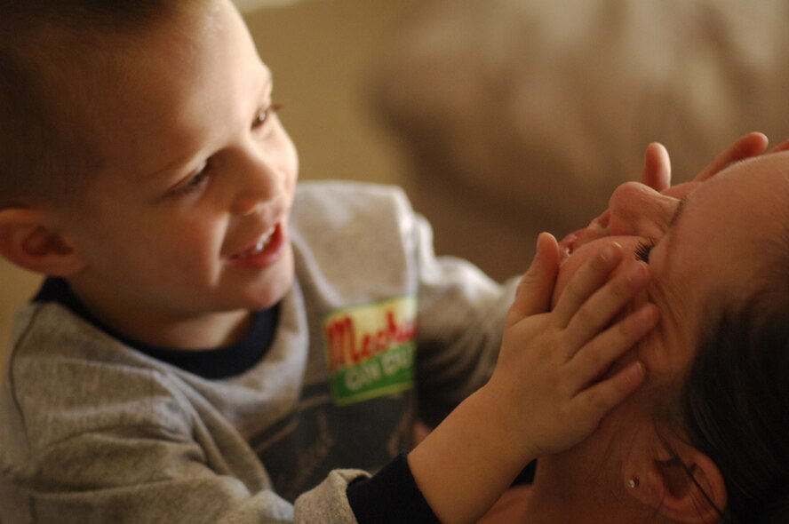 Twins Kevin and Chloe were inseparable. 4-year-old Kevin, shown with his mom Billie, has slowly adjusted to losing his twin sister a little more than a year ago. (Tech. Sgt. Matthew Hannen)