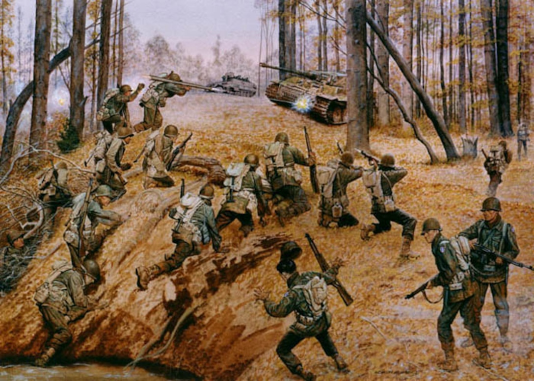 "Go for Broke!" a painting in the collection of the Army Center of Military History, Fort McNair, Washington, D.C., depicts the all-Japanese American 442nd Regimental Combat Team assaulting German siege forces in the rescue of "The Lost Battalion," Oct. 27-30, 1944. U.S. Army Photo. 