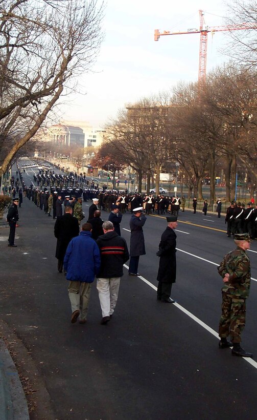 Military marchers parade down Capitol Hill as part of the rehearsal for the presidential inauguration. The rehearsal Jan. 14 started at 5:45 a.m. Photo by Jim Garamone.