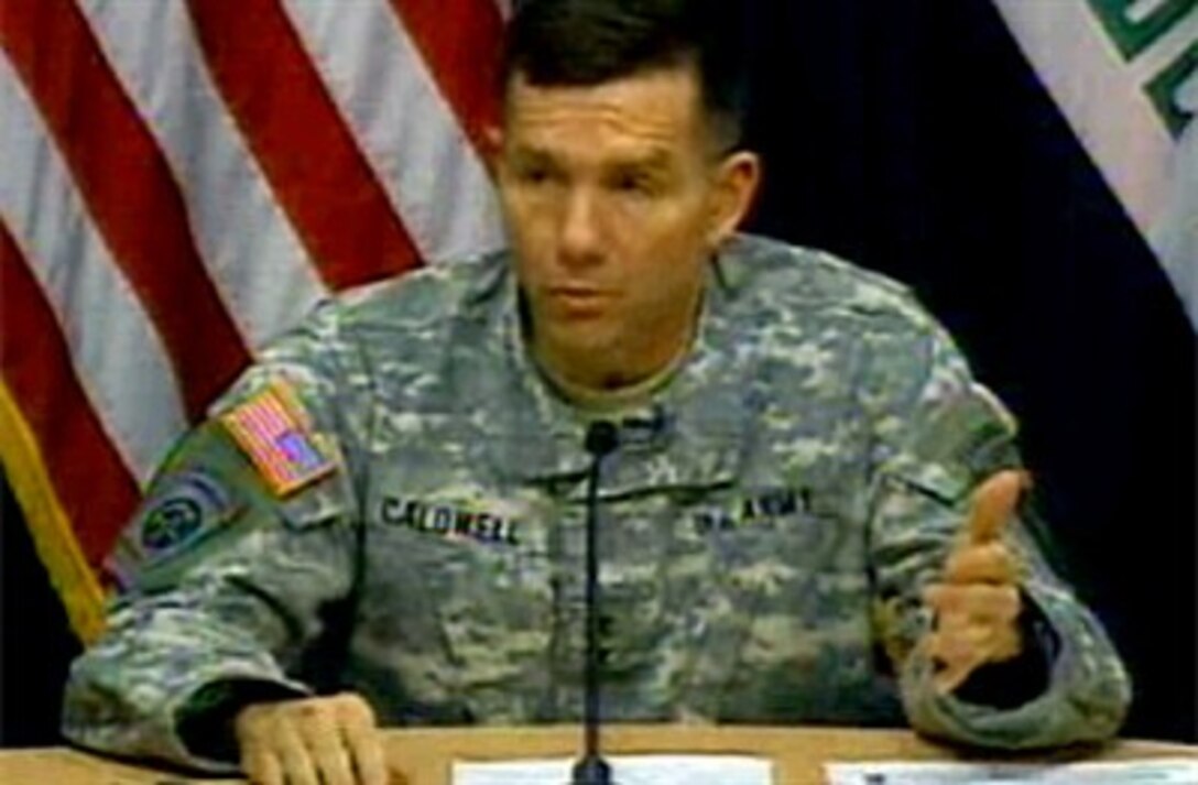 U.S. Army Maj. Gen. William Caldwell, Multi-national Force Iraq spokesman, gives an update on operations in Iraq via satellite to the Pentagon press, May 3, 2007. He announced the death of Muharib Abdul Latif (al-Juburi), an al Qaeda militant believed to be involved in the kidnapping of two Americans.

