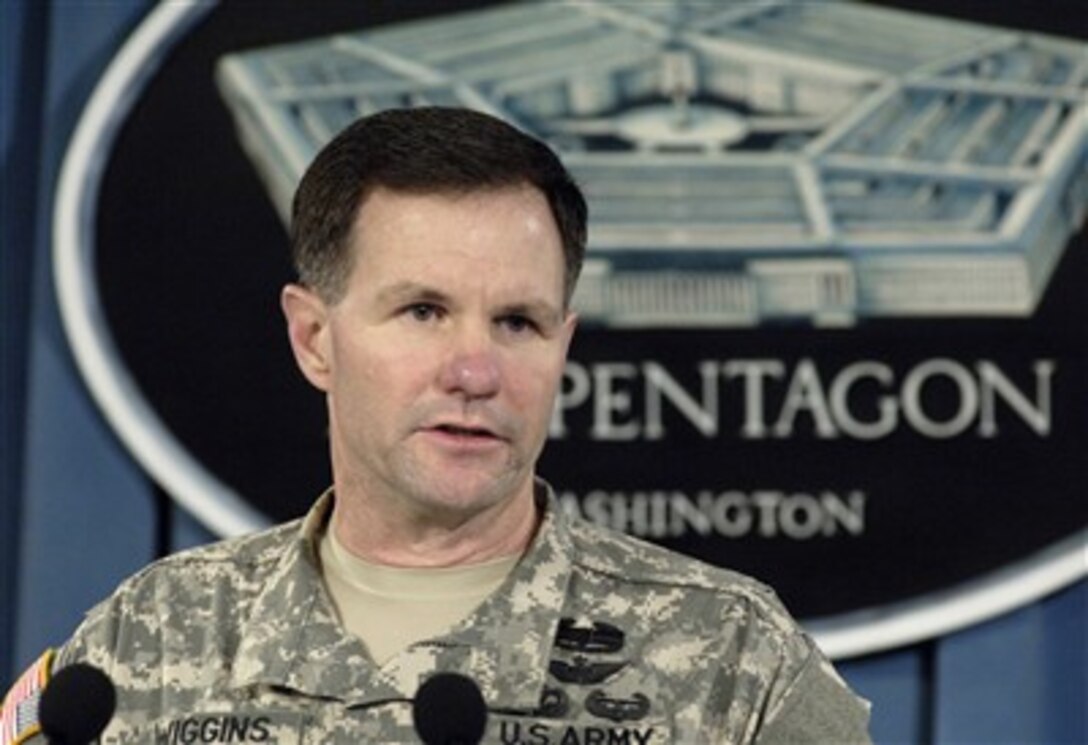U.S. Army Brig. Gen. Perry L. Wiggins, deputy director for operations, Joint Staff, speaks with reporters at the Pentagon, providing an update on regional operations, May 3, 2007.
