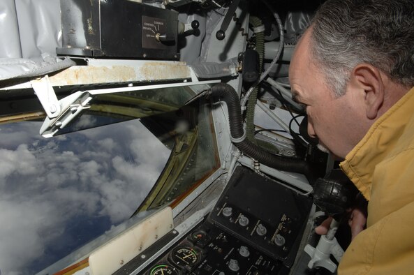 FAIRCHILD AIR FORCE BASE, Wash. – Retired Chief Master Sgt. Lupe Ruiz flies the boom on a spouses’ orientation flight May 3. Chief Ruiz is married to Chief Master Sgt. Judy Ruiz, 92nd Air Refueling Wing interim command chief. (U.S. Air Force photo/Senior Airman Chad Watkins)