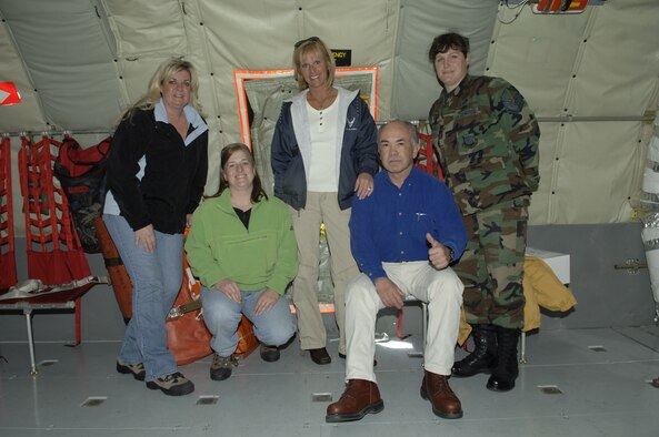 FAIRCHILD AIR FORCE BASE, Wash. – Alicia McNeill, Susanne Poole, Rhonda Hanson, CMSgt (Ret.) Lupe Ruiz, and Master Sergeant DeeDee Dubose pose for a picture onboard a KC-135 Stratotanker as part of a spouses’ orientation flight on May 3 at Fairchild. The orientation flight provided senior leaders' spouses a first hand look at the Team Fairchild mission.(U.S. Air Force photo/Senior Airman Chad Watkins)