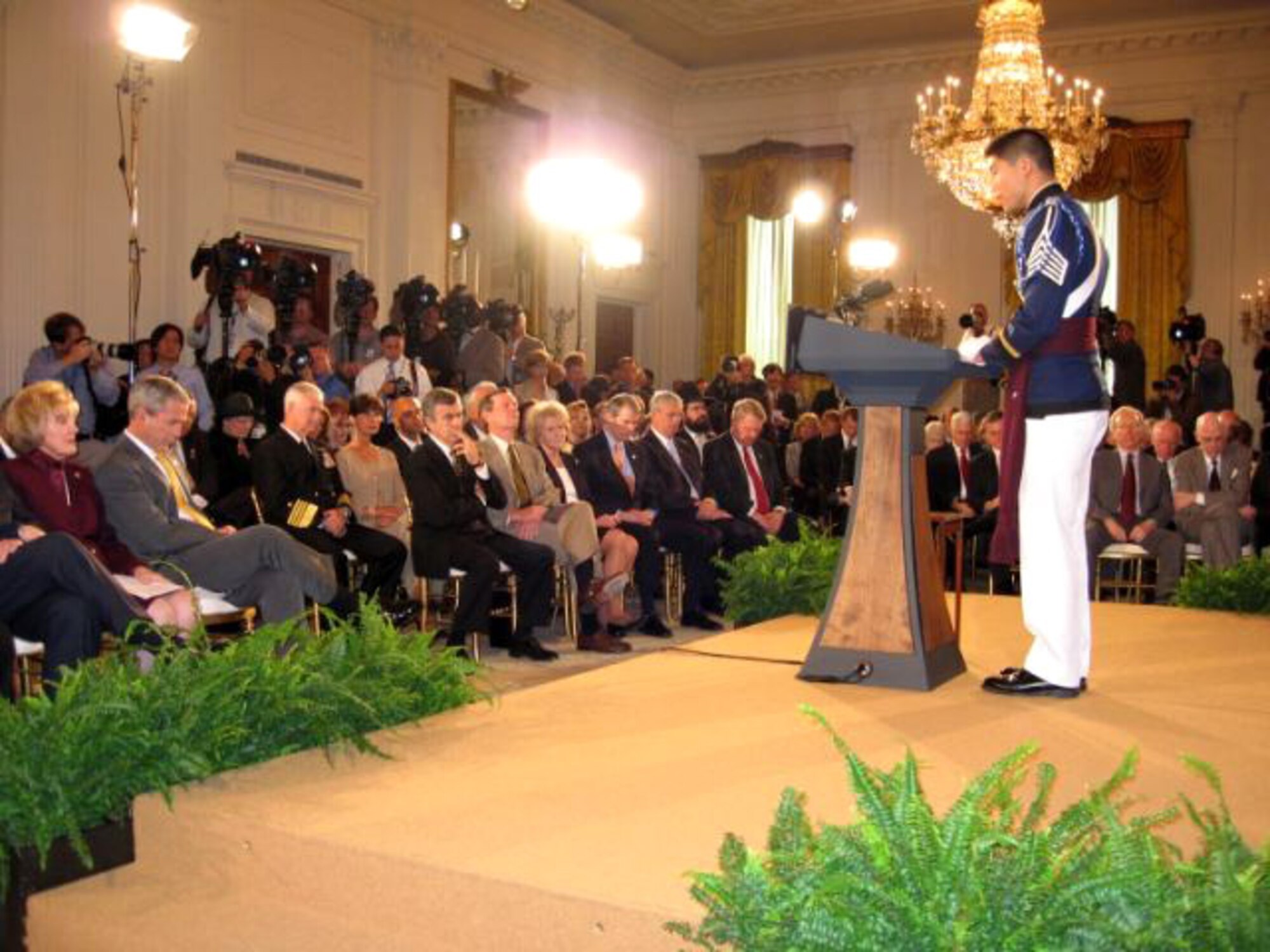 Virginia Tech Cadet Houston Yu reads the National Prayer from the podium in the East Room May 3 at the White House in Washington, D.C. Cadet Yu was one of five speakers at the ceremony. The cadet is a member of the Virginia Tech Air Force ROTC. (Courtesy photo)

