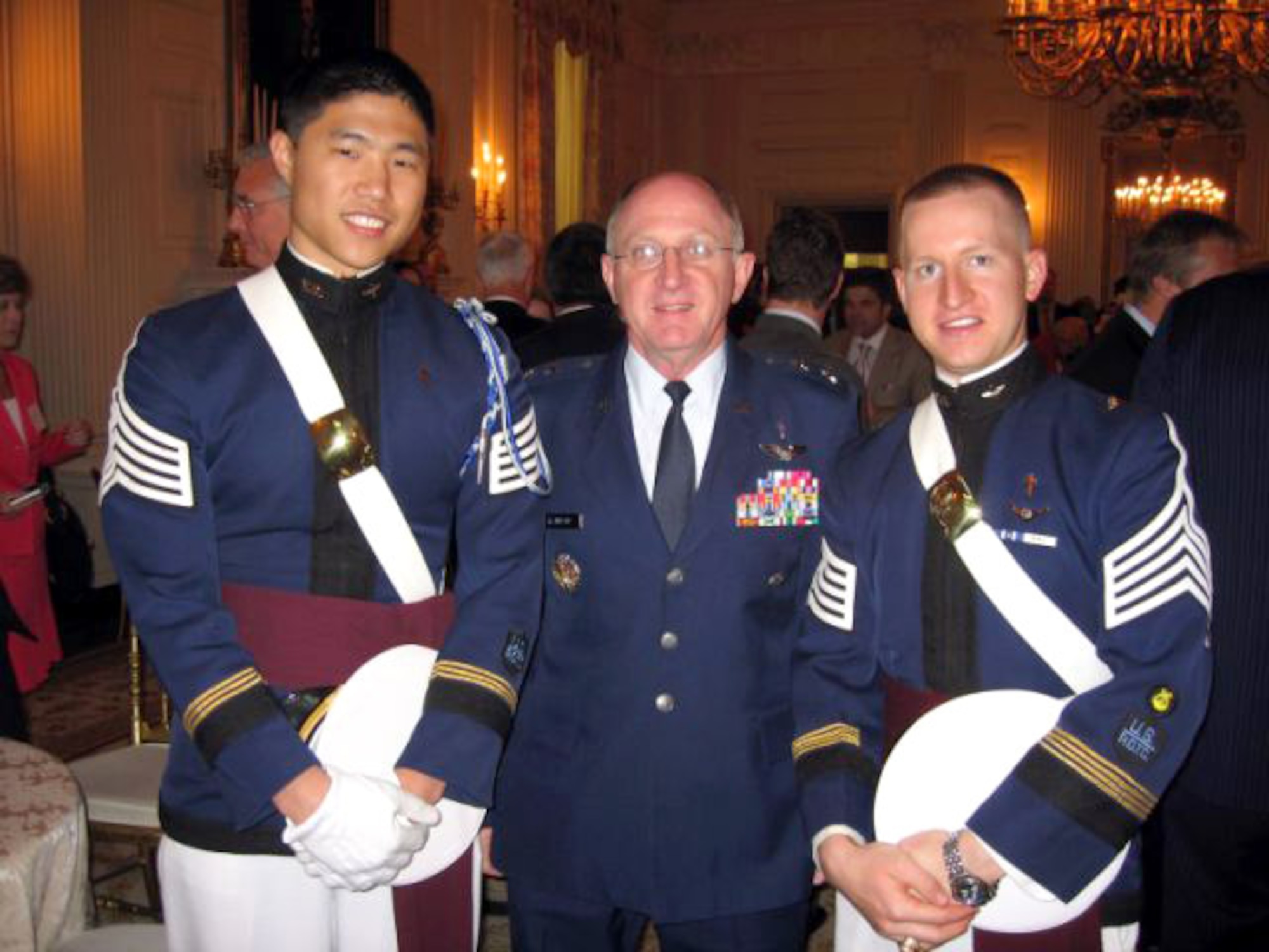 Virginia Tech Cadets James Compton (left) and Houston Yu meet Chaplain (Maj.) Gen.) Charles C. Baldwin, chaplain of the Air Force May 3 in Washington, D.C. Cadet Yu, the regimental chaplain, and Cadet Compton, the chaplain for the highty-tighties, were invited guests of the National Day of Prayer. The cadets are members of the Virginia Tech Air Force ROTC. (Courtesy photo)
