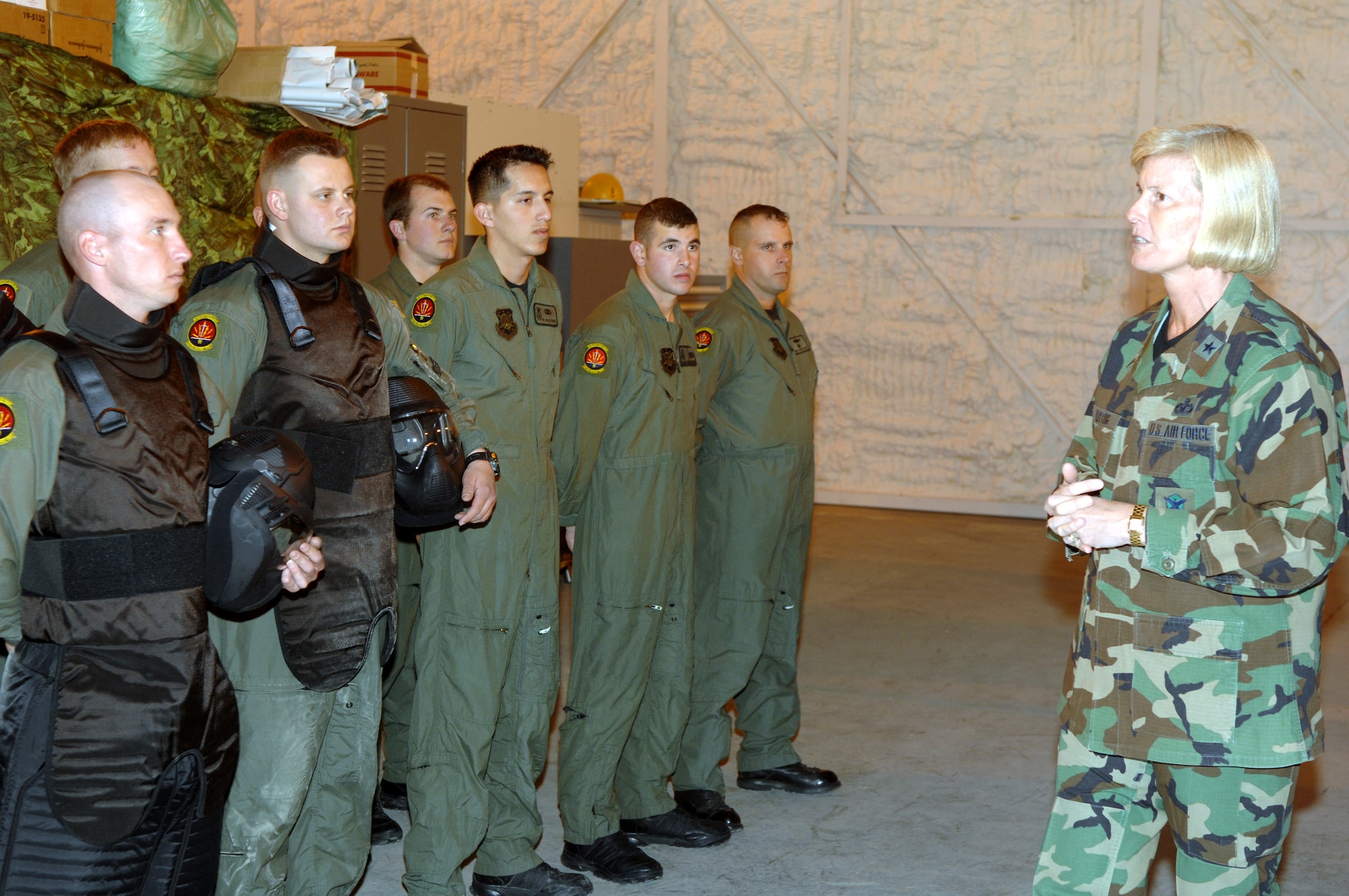 Brig. Gen. Mary Kay Hertog, Air Force security forces director, visits with security forces Airmen from the 91st Space Wing tactical response force May 2 during a tour of Minot Air Force Base, N.D.  (U.S. Air Force photo/Senior Airman Christopher Boitz)