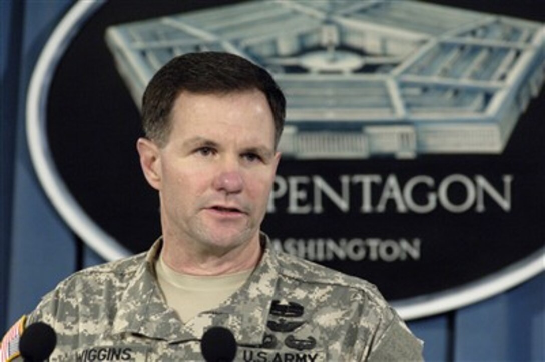 Joint Staff Deputy Director for Regional Operations Brig. Gen. Perry Wiggins, U.S. Army, conducts a press briefing to update reporters on recent operations in Iraq and Afghanistan in the Pentagon on May 3, 2007.  
