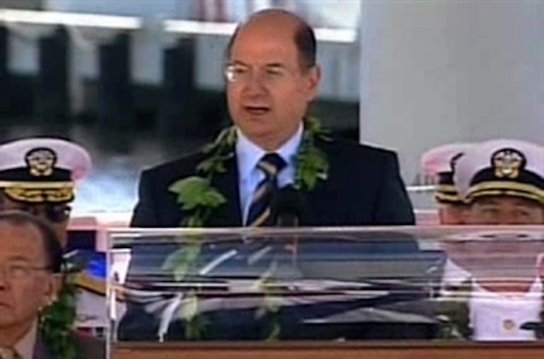 U.S. Secretary of the Navy Donald Winters speaks at the commissioning ceremony for the USS Hawaii submarine at Groton, Conn., May 5, 2007. The submarine's name recognizes the tremendous support the Navy has enjoyed from the people of the Aloha State and in honor of the rich heritage of submarines in the Pacific theater.