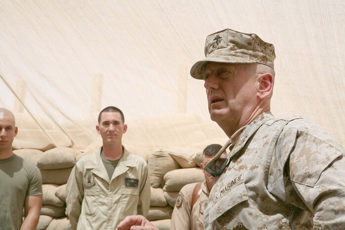 AL ASAD, Iraq -   Lt. Gen. James Mattis, the commander of U.S. Marine Corps Forces Central Command, speaks to the Marines of the maintenance section from Marine All-Weather Fighter Attack Squadron 121 on the Al Asad flightline, May 6. After talking to them, Mattis welcomed any questions.