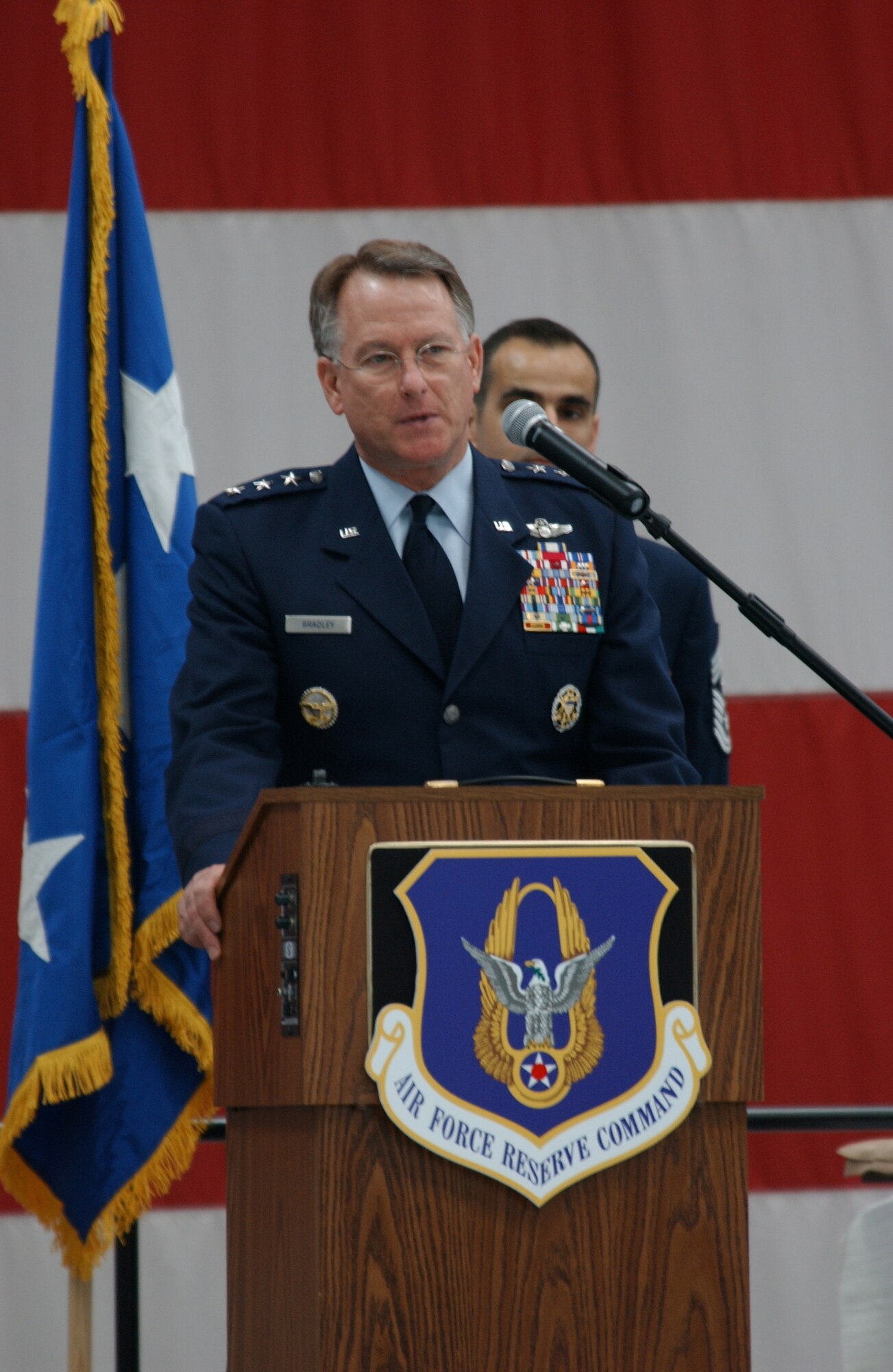 Lt. Gen. John Bradley, Commander, Air Force Reserve Command, addresses the men and women of the 939th Air Refueling Wing during their inactivation ceremony May 6, 2007. General Bradley recognized the long history of professionalism and dedication shown by members of the wing and offered words of encouragement to those moving on to new duties.  (U.S. Air Force photo/Staff Sgt. Chris Hibben)                             
                              
