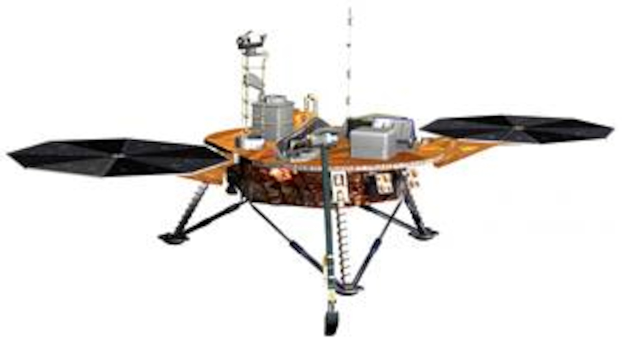 This is an artist rendition of the Phoenix lander. Phoenix is the first mission of NASA's Mars Scout Program. The spacecraft will land on the icy northern latitudes of Mars. During its approximately 90-day mission, Phoenix will dig trenches with its robotic arm into the frozen layers of water below the surface. The spacecraft will use various on-board instruments to analyze the contents of the ice and soil; all in the hopes of finding organic compounds that are necessary for life. (Courtesy graphic)