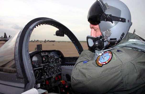 80th Flying Training Wing Commander Colonel Jeffrey Kendall prepares to take one last flight in a T-38A Talon.  He flew it to Davis-Monthan AFB, Ariz. for its "retirement," as the model is being replaced by the upgraded T-38C Talon. (U.S. Air Force photo/Staff Sgt. Tonnette Thompson)
