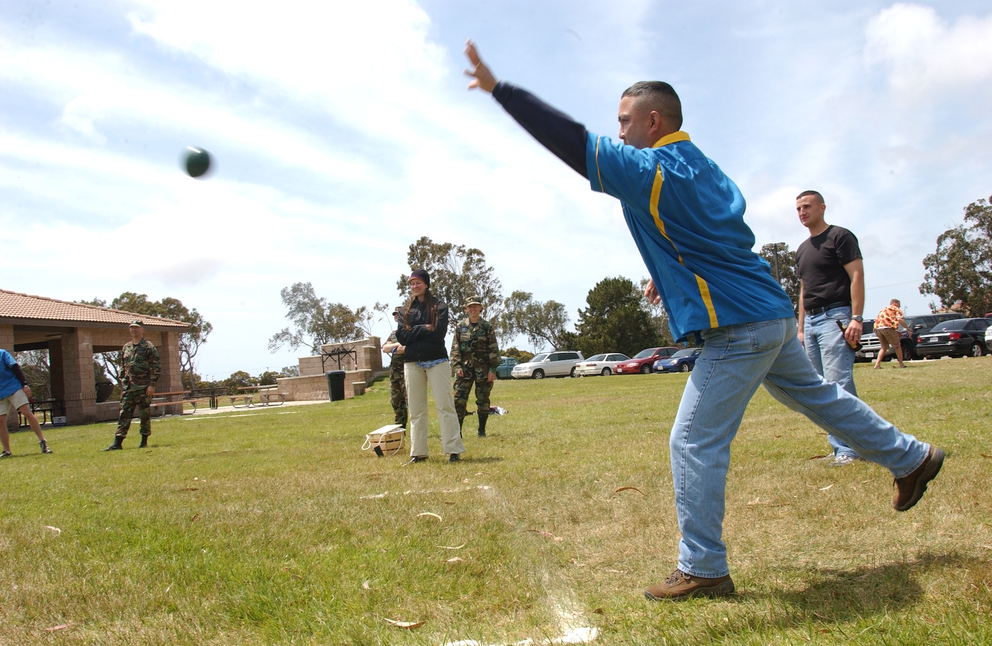Lt. Col. Lance "The Judge" Kawane, 392nd Training Squadron Operations Officer, bowls for his team Thor in the first round of the Combat Bocce Ball Tournament here May 4. The event was put on as one of the 381st TRG quarterly events to ensure morale stays high. (U.S. Air Force Photo by Nichelle Griffiths)
