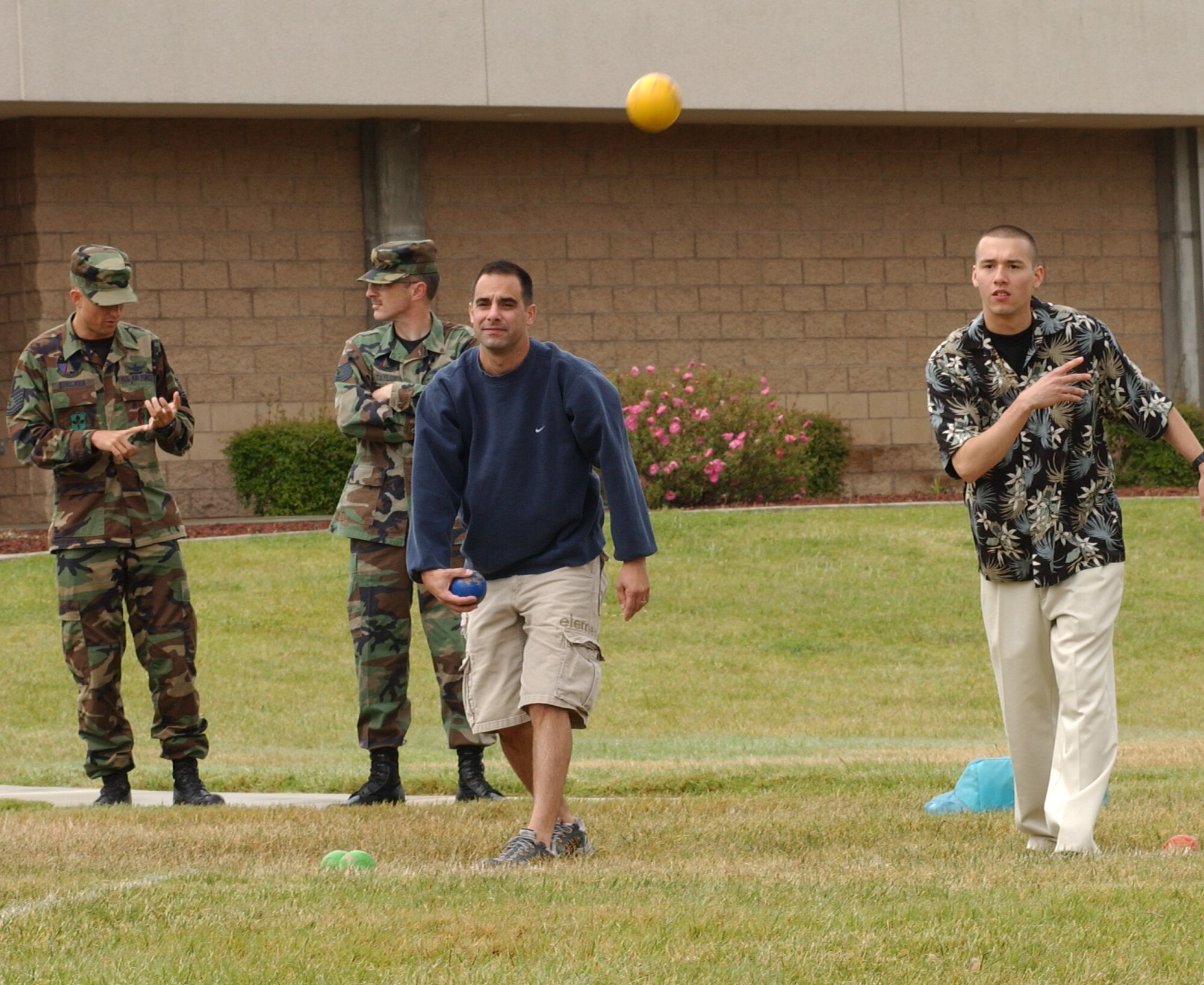 Airman Jonathan Fernandez, 392nd Training Squadron, bowls for his team, Strawberry Annihilation, in the first round of the Combat Bocce Ball Tournament here May 4. The event was put on as one of the 381st TRG quarterly events to ensure morale stays high. (U.S. Air Force Photo by Nichelle Griffiths)
