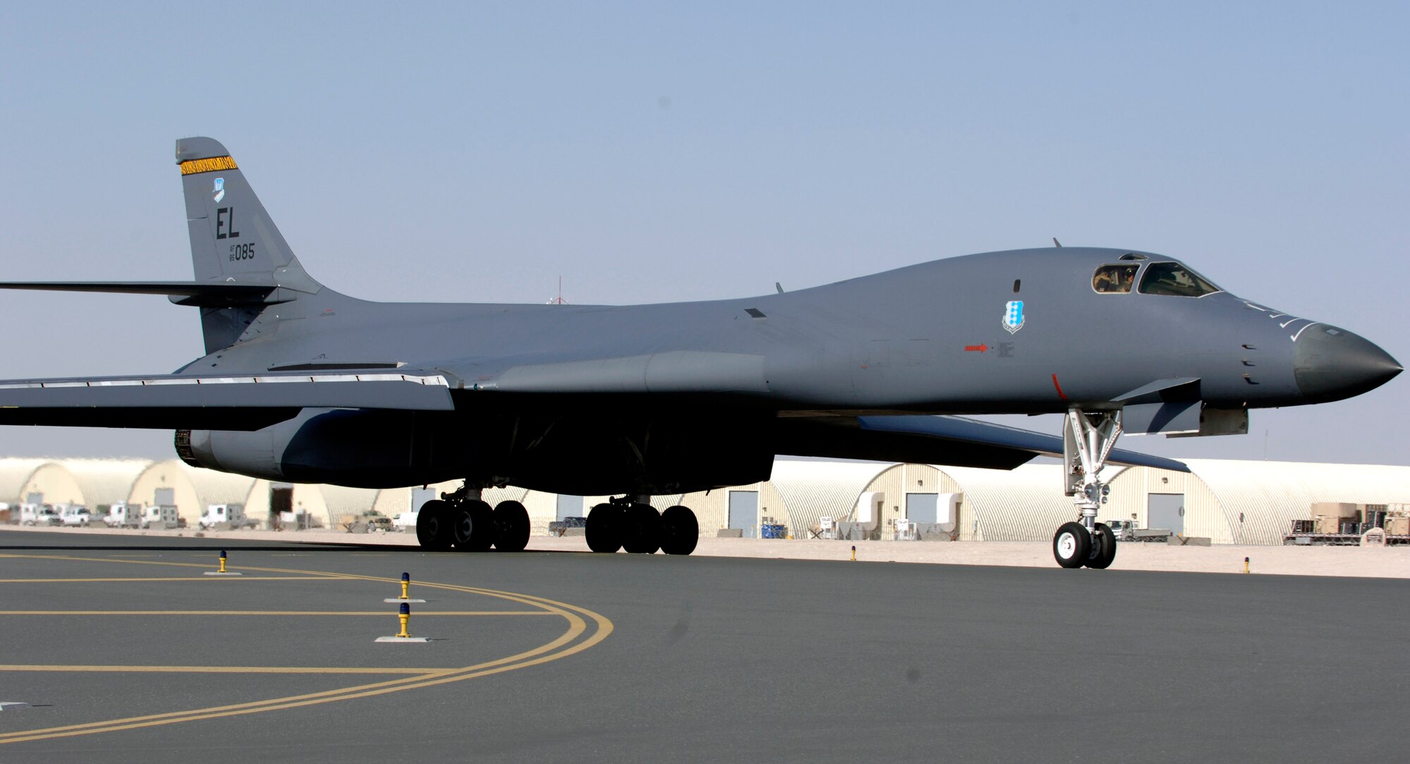 A B-1B Lancer prepares for take off from a base in Southwest Asia. B-1Bs and otherAir Force and coalition fighters performed 49 close-air-support missions in support of Operation Iraqi Freedom May 6. (U.S. Air Force photo.)
