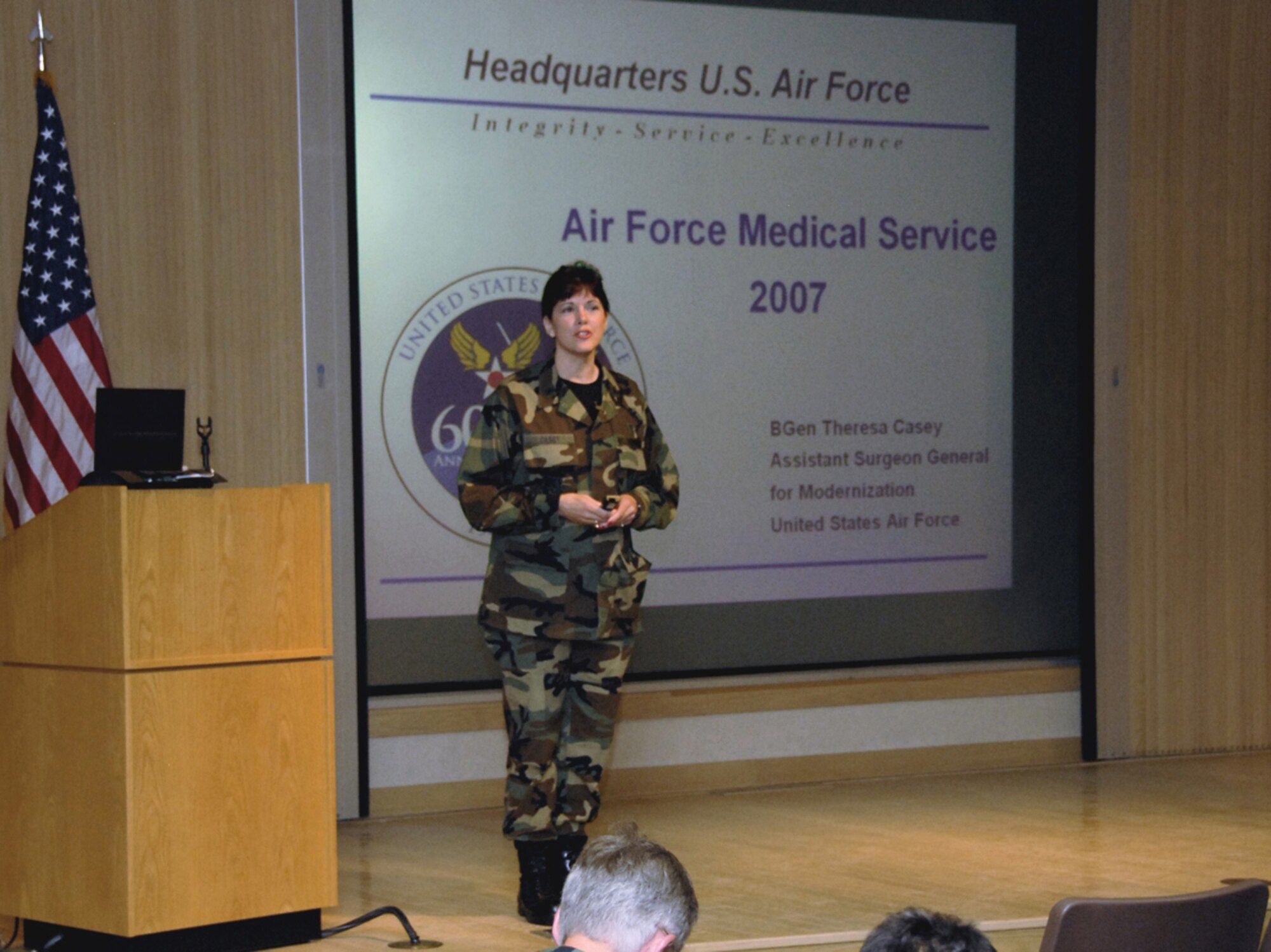 Brig. Gen. Theresa Casey, assistant surgeon general for modernization, speaks at the Intermediate Executive Skills course April 23. (U.S. Air Force photo)