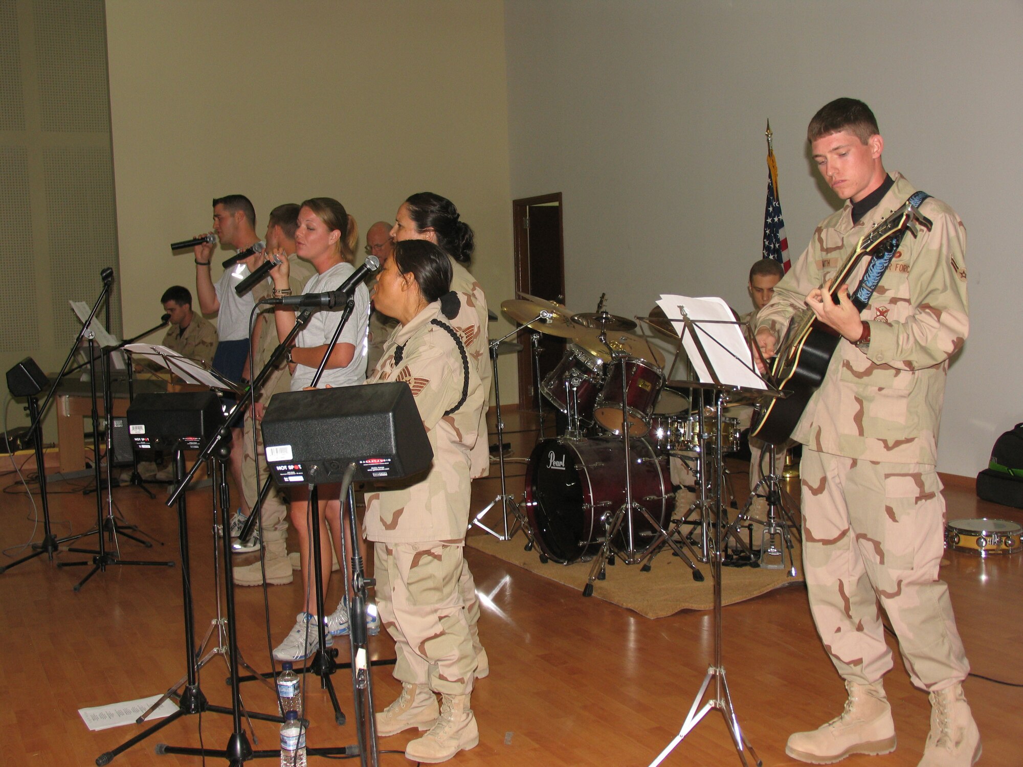 The Contemporary Choir from the 386 AEW Chapel sang praise songs at the May 4th Gospel Festival at an undisclosed location in Southwest Asia. The Gospel Festival, sponsored by the 386 AEW Chapel, was a praise and worship celebration comprised of various choirs, soloists and performers. (AF/Photo Capt. Rickardo Bodden)  