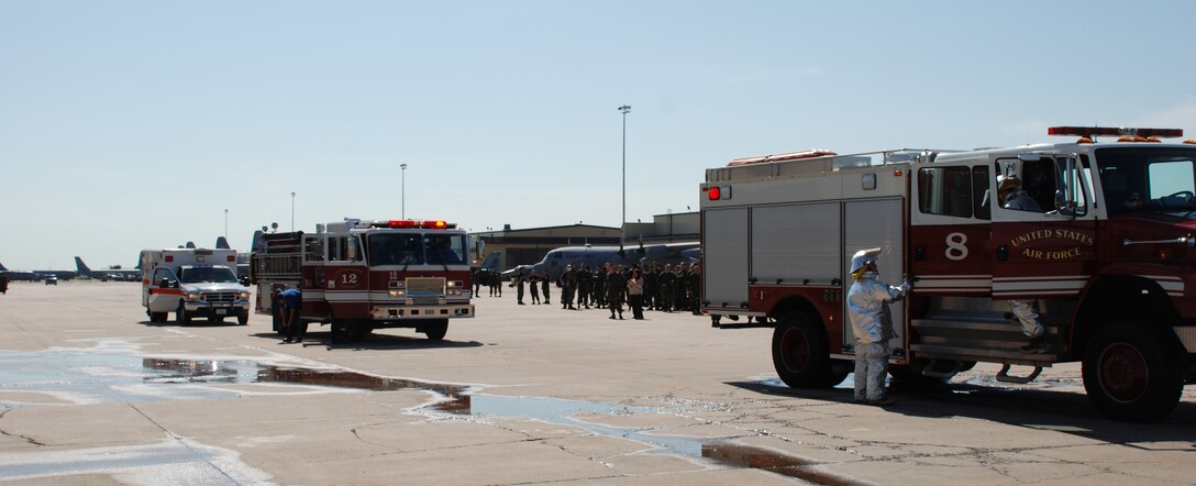 Sheppard Air Force Base emergency responders arrive on scene during the Severe Weather Response Excercise May 3. (U.S. Air Force photo/Airman 1st Class Jacob Corbin)