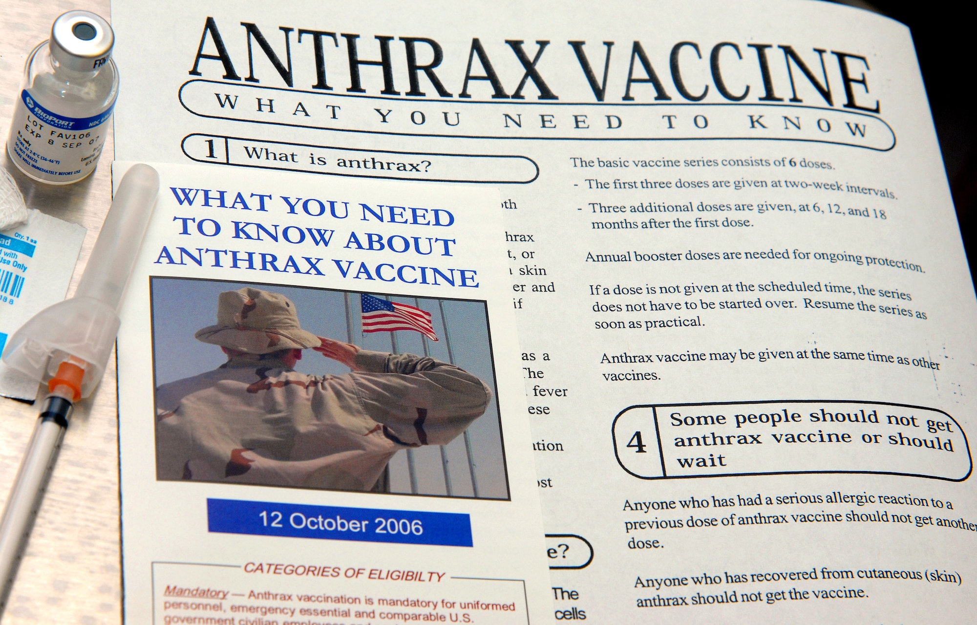 An anthrax vaccine brochure is available for Airmen to review prior to receiving the vaccination. The Anthrax Vaccine Immunization Program mandates Airmen assigned to high-threat areas receive the anthrax vaccine series, while also providing Airmen the choice to continue anthrax vaccines if they are not assigned to a designated high-threat area. (U.S. Air Force photo/Duncan Wood) 