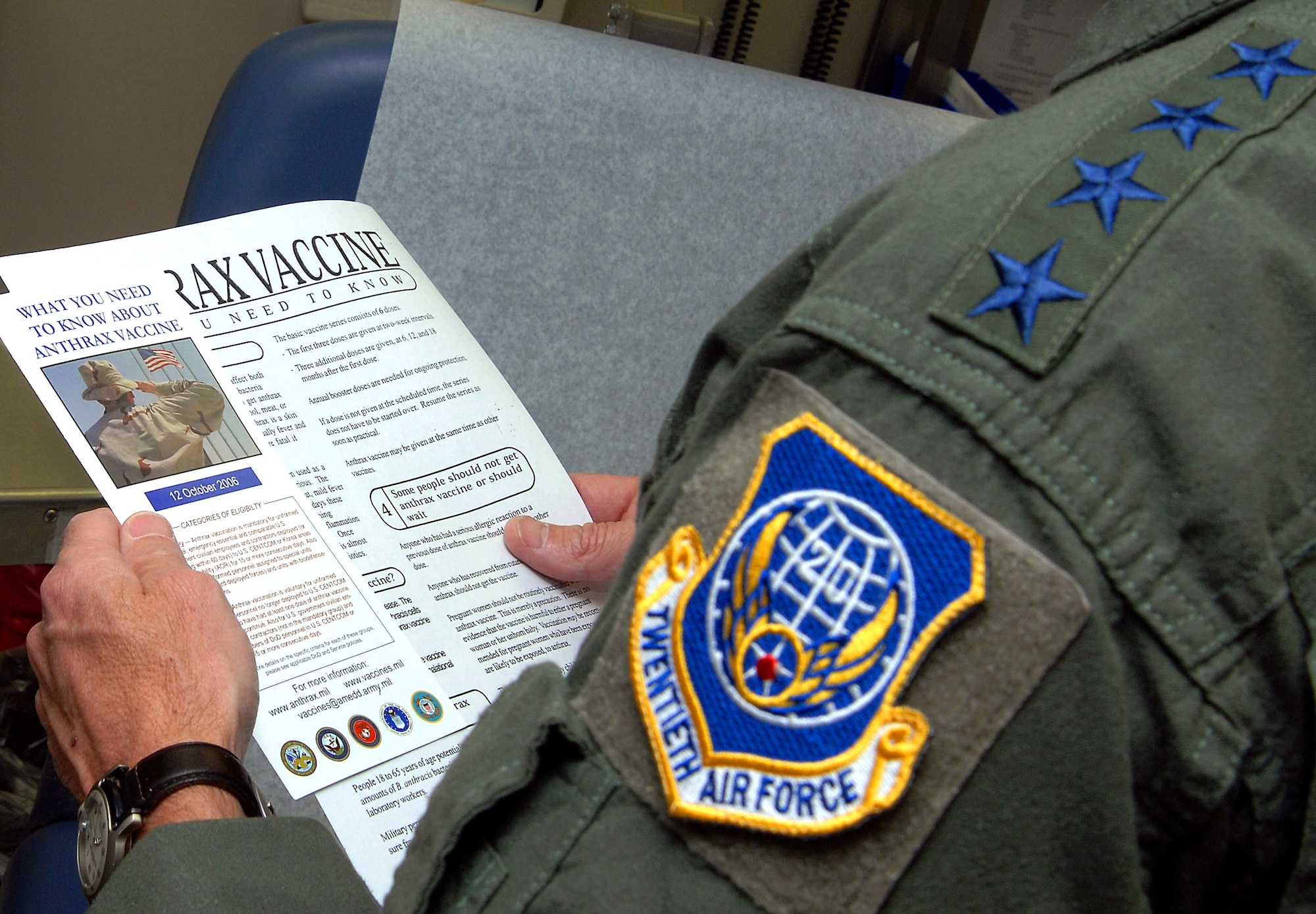 Gen. Kevin P. Chilton reviews an Anthrax Vaccine brochure prior to receiving a vaccination May 4 at Peterson Air Force Base, Colo. General Chilton is the commander of Air Force Space Command. The Anthrax Vaccine Immunization Program mandates Airmen assigned to high-threat areas receive the anthrax vaccine series, while also providing Airmen the choice to continue anthrax vaccines if they are not assigned to a designated high-threat area. (U.S. Air Force photo/Duncan Wood) 
