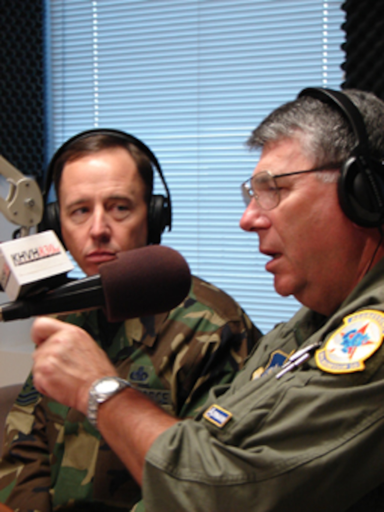 Chief Master Sgt. Tony Bishop, command chief master sergeant of Pacific Air Forces (PACAF) and Gen. Paul V. Hester, commander of PACAF, shared the Air Force and PACAF stories to Hawaii listeners live on KHVH AM 830 May 7. (Photo by 1st Lt. Renee Lee)
