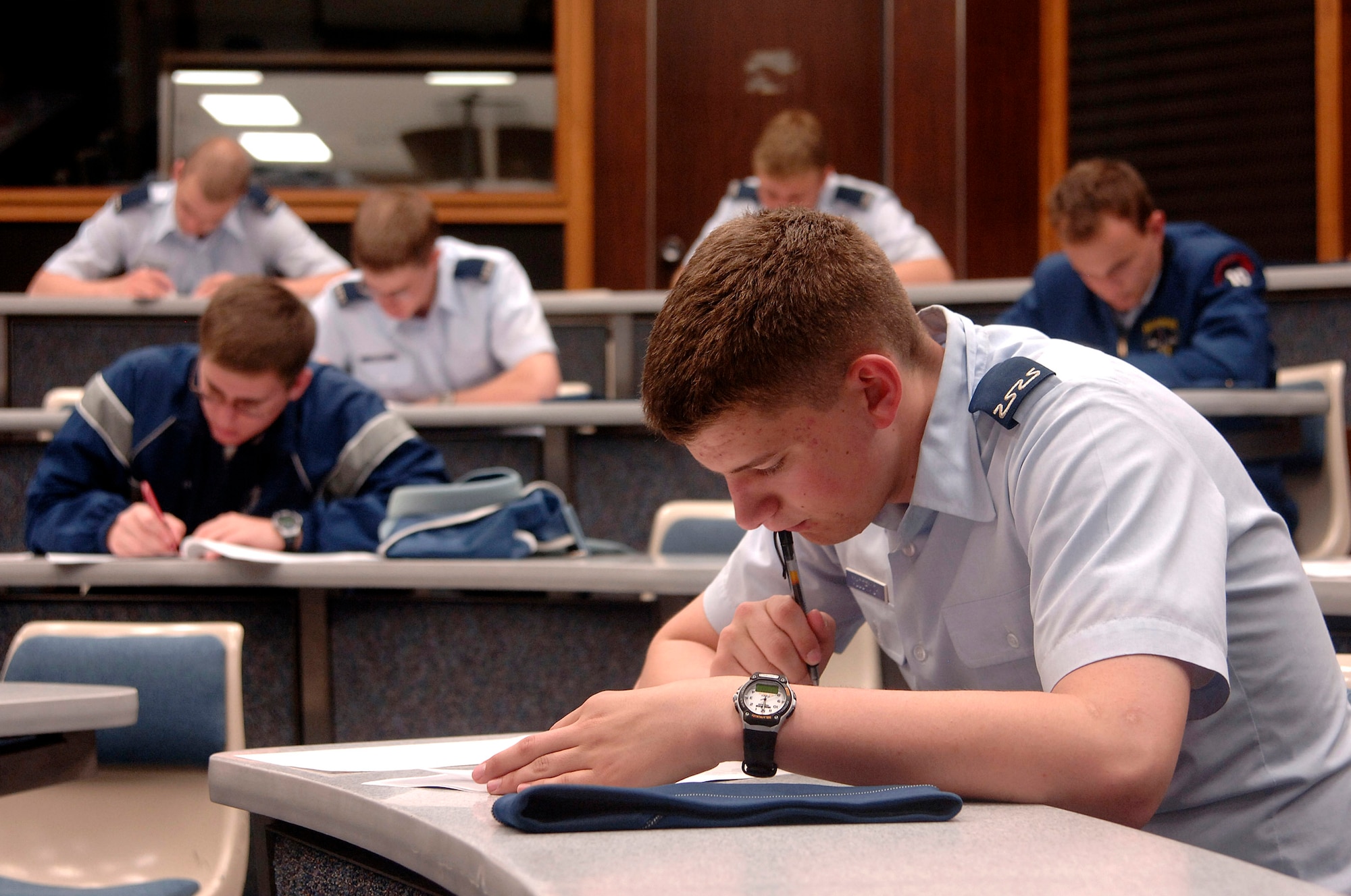 Freshman Cadet Joshua McCormick takes the Military Knowledge Test during the Academy Cadet Wing Unit Compliance Inspection in April at the U.S. Air Force Academy. (U.S. Air Force photo/Mike Kaplan) 
