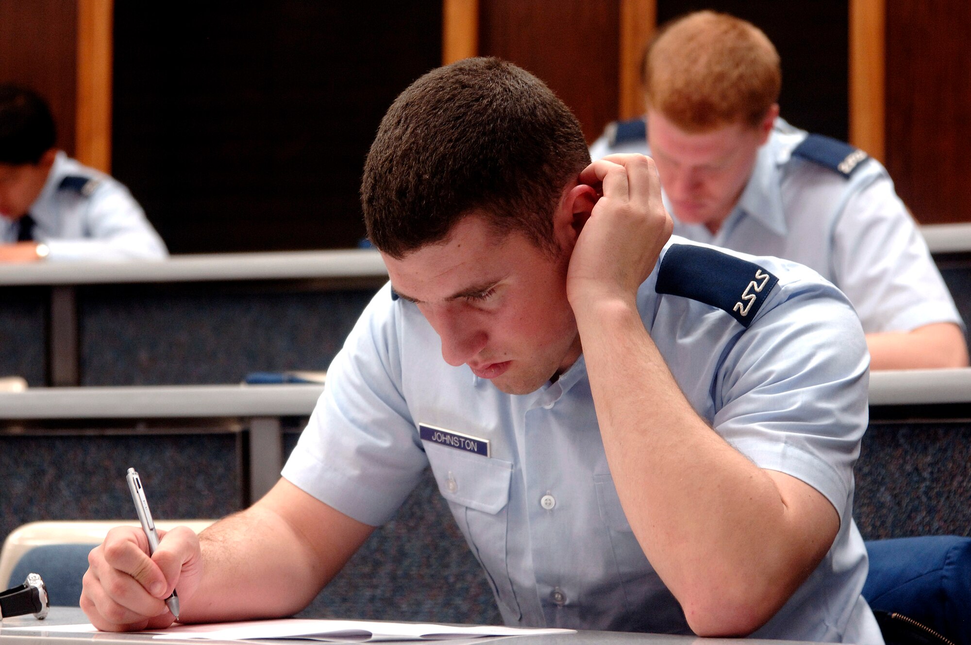 Freshman Cadet Jacob Johnston takes the Military Knowledge Test during the Academy Cadet Wing Unit Compliance Inspection in April at the U.S. Air Force Academy. (U.S. Air Force photo/Mike Kaplan) 
