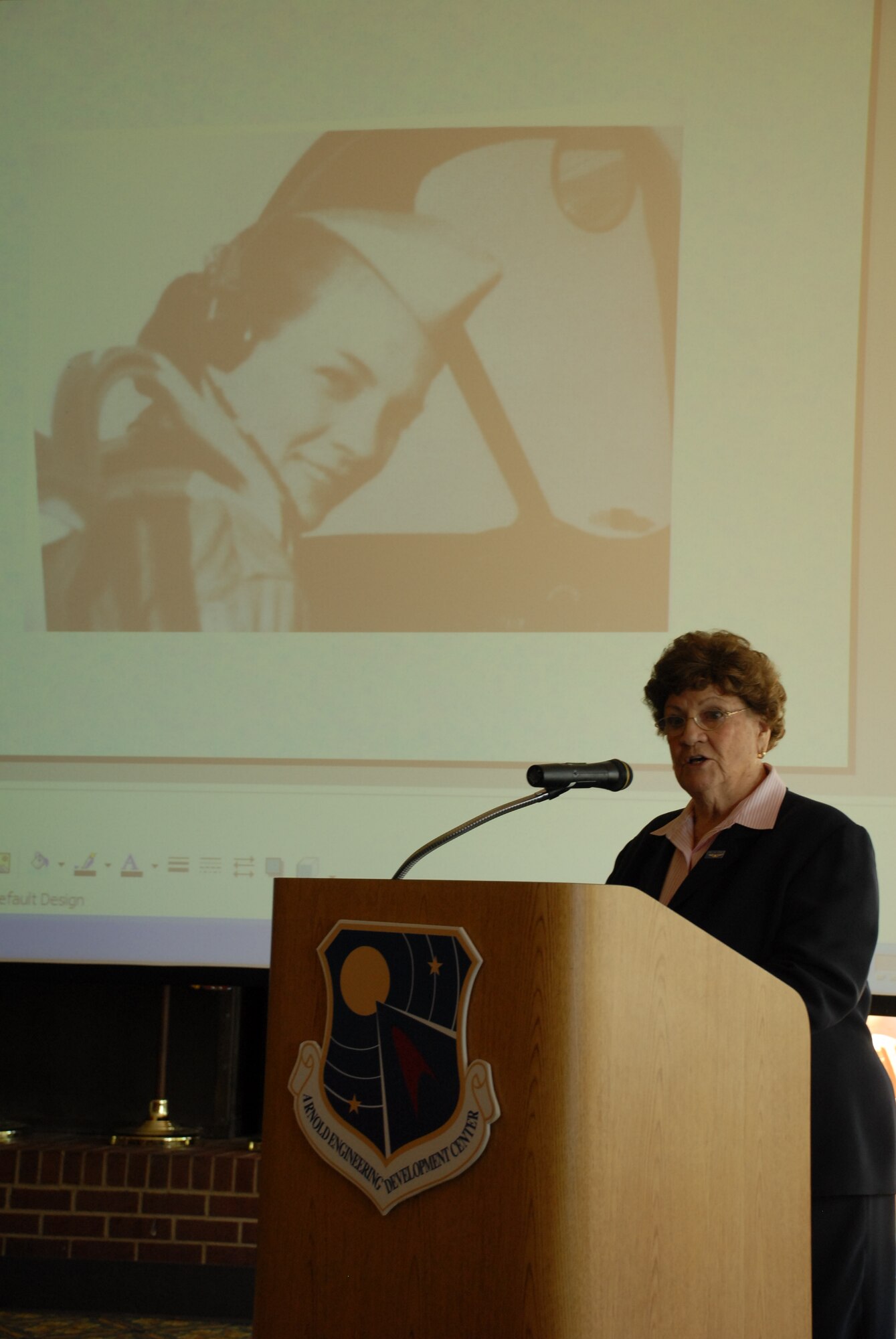 Margret Ringenberg speaks at the American Institute of Aeronautics and Astronautics lecture at the Arnold Lakeside Club at Arnold Air Force Base April 30. Mrs. Ringenberg served as a Women's Airforce Service Pilot during World War II. (Photo by Rick Goodfriend)
