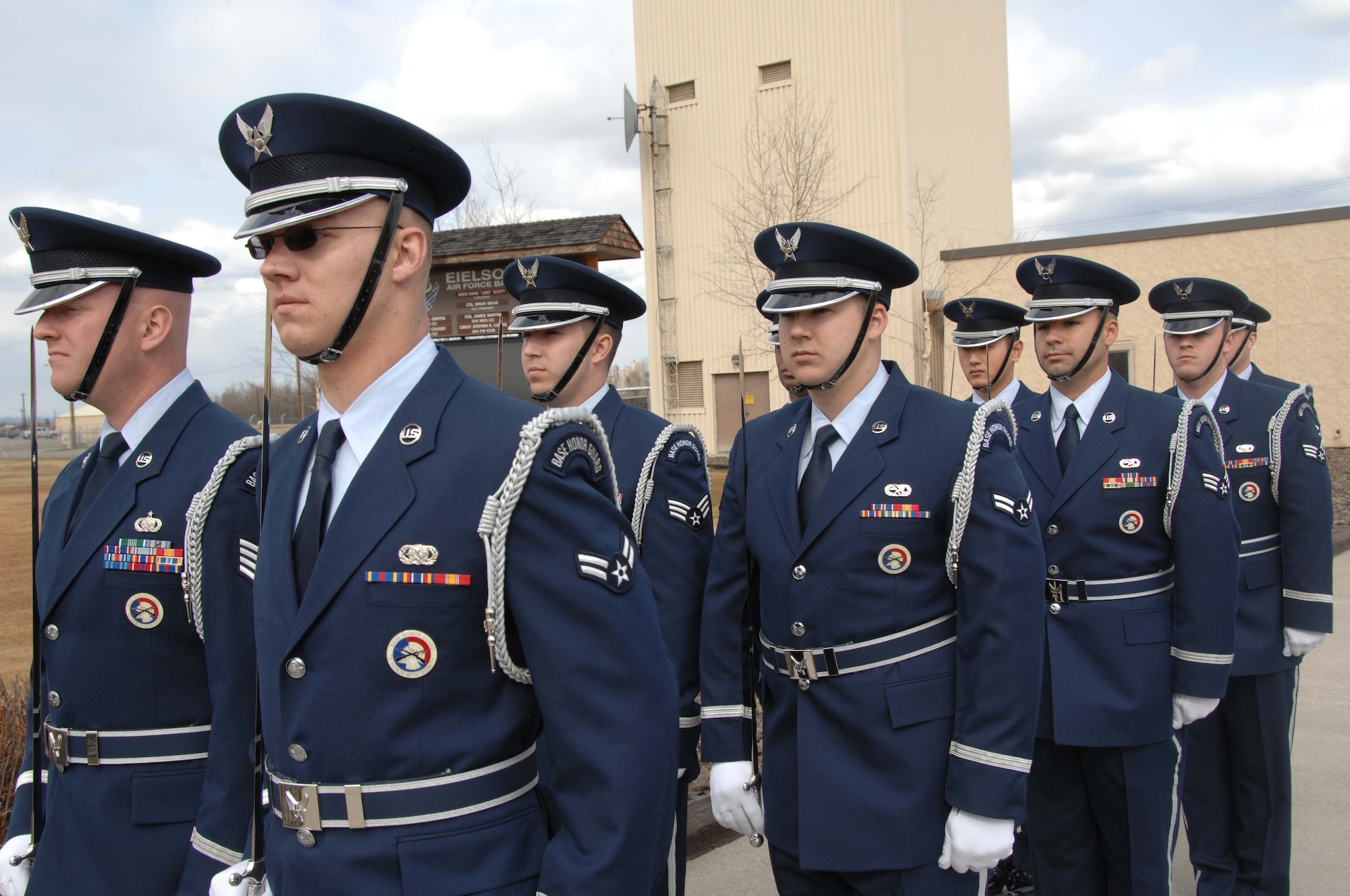 EIELSON AIR FORCE BASE, Alaska -- The 354th Fighter Wing Honor Guard, Eielson AFB, AK. awaits the arrival of the Secretary of the Air Force on May 08. The 21st Secretary of the Air Force is currently touring the Pacific Region to introduce his top priorities for the Air Force -- winning the war on terrorism, Fostering mutual integrity and respect, and revitalizing for the service's aging infrastructure and fleet.  (U.S. Air Force photo taken by Staff Sergeant Tia C. Schroeder) 