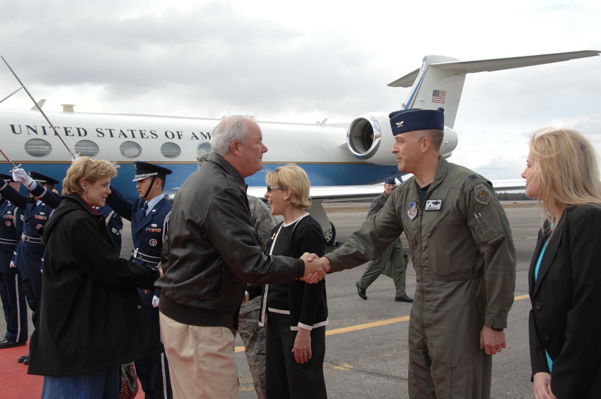 EIELSON AIR FORCE BASE, Alaska -- Secretary of the Air Force Michael W. Wynne greets Vice Wing Commander, Col. Brian Maas upon arrival at Eielson AFB, AK. on May 08. The 21st Secretary of the Air Force is currently touring the Pacific Region to introduce his top priorities for the Air Force -- winning the war on terrorism, Fostering mutual integrity and respect, and revitalizing for the service's aging infrastructure and fleet.  (U.S. Air Force photo taken by Staff Sergeant Tia C. Schroeder) 