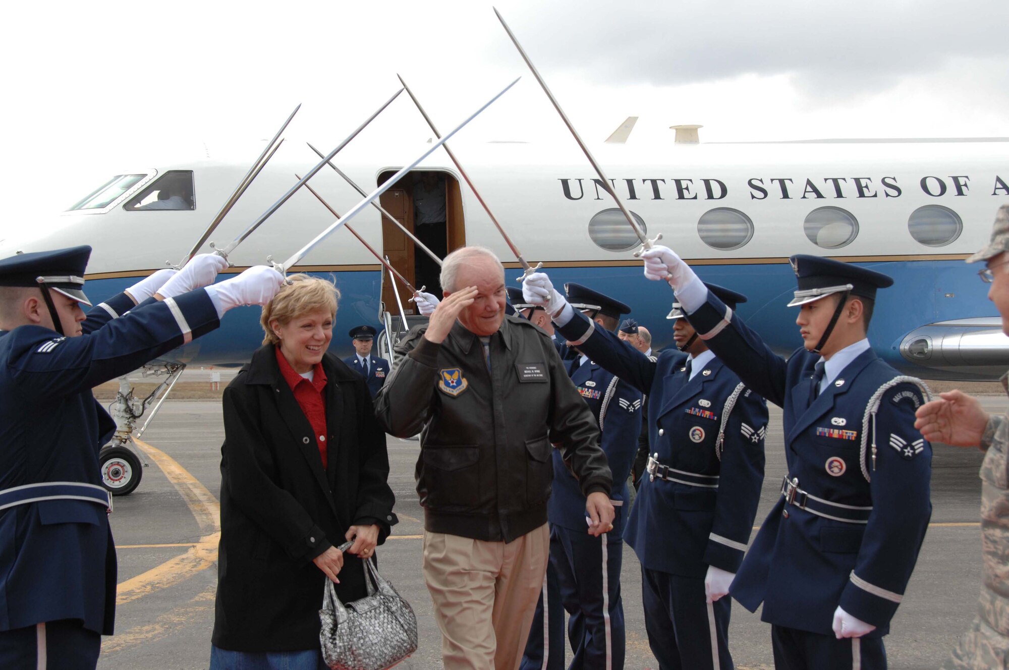 EIELSON AIR FORCE BASE, Alaska -- Secretary of the Air Force Michael W. Wynne arrives at Eielson AFB, AK. on May 08. The 21st Secretary of the Air Force is currently touring the Pacific Region to introduce his top priorities for the Air Force -- winning the war on terrorism, Fostering mutual integrity and respect, and revitalizing for the service's aging infrastructure and fleet.  (U.S. Air Force photo taken by Staff Sergeant Tia C. Schroeder) 